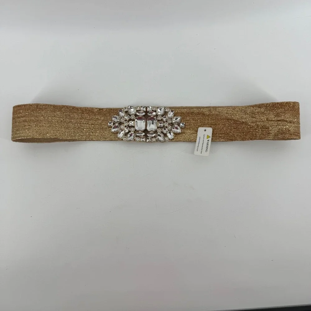 Gold Woven Stretch Belt with Oversized Crystal Rhinestone Statement Buckle NEW